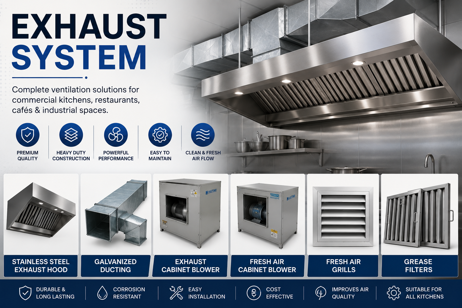 Commercial Exhaust System Pakistan including stainless steel exhaust hood, galvanized ducting, exhaust cabinet blower, fresh air cabinet blower, fresh air grills, and grease filters by Hatimi Engineering Works