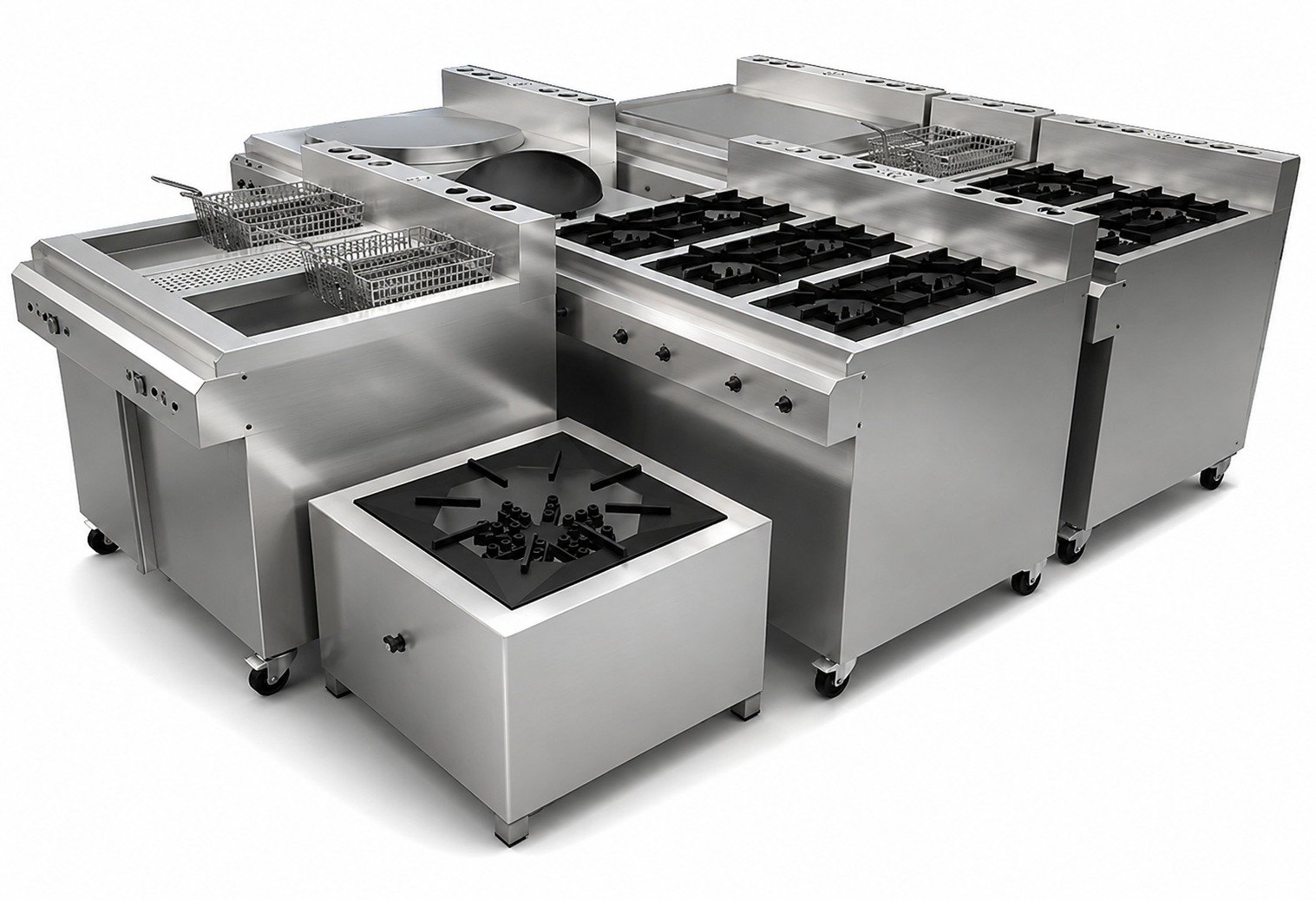 Commercial Fast Food and Continental Kitchen Equipment manufactured by Hatimi Engineering Works, featuring deep fryers, cooking ranges, griddles, and wok burners in premium stainless steel construction for restaurants, hotels, cafés, and industrial kitchens in Pakistan.